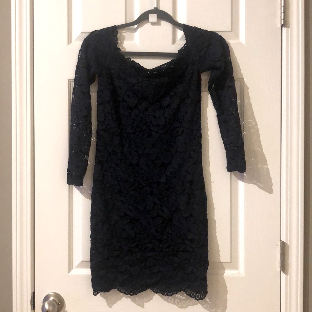 Navy Blue Off-Shoulder Lace Dress.